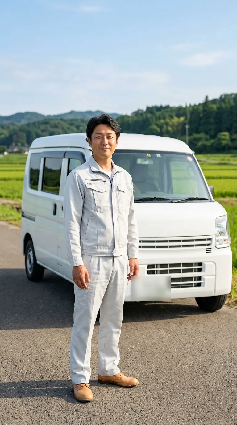 軽貨物車の前に立つ配送スタッフ