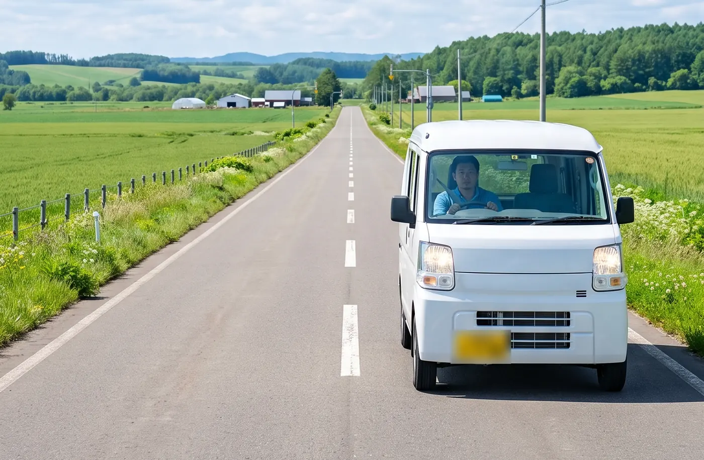 オホーツクの農地を走る軽貨物車
